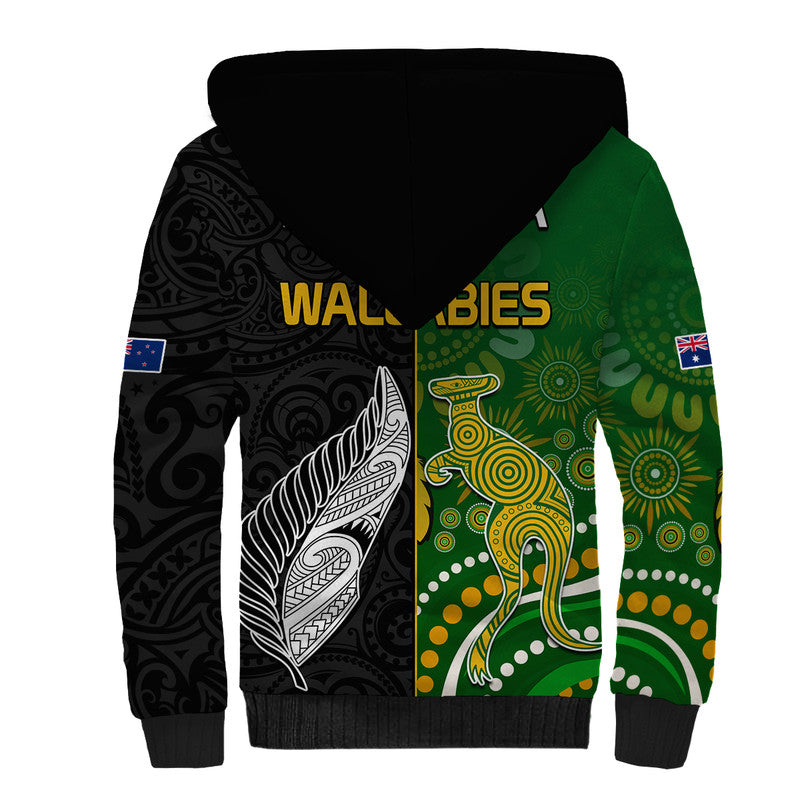 Aotearoa Rugby All Black Combine Australia Wallabies Sherpa Hoodie Aboriginal Kangaroo And Maori Fern