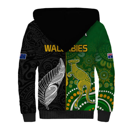 Aotearoa Rugby All Black Combine Australia Wallabies Sherpa Hoodie Aboriginal Kangaroo And Maori Fern