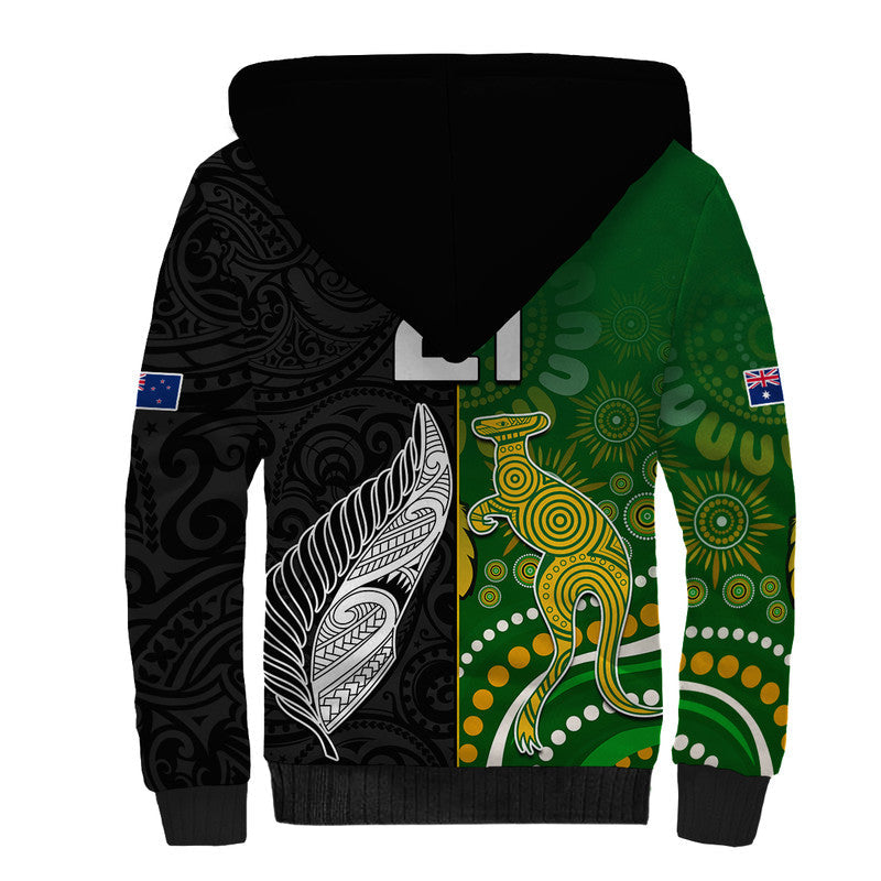 (Custom Personalised) Aotearoa Rugby All Black Combine Australia Wallabies Sherpa Hoodie Aboriginal Kangaroo And Maori Fern