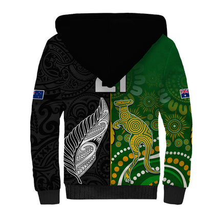 (Custom Personalised) Aotearoa Rugby All Black Combine Australia Wallabies Sherpa Hoodie Aboriginal Kangaroo And Maori Fern