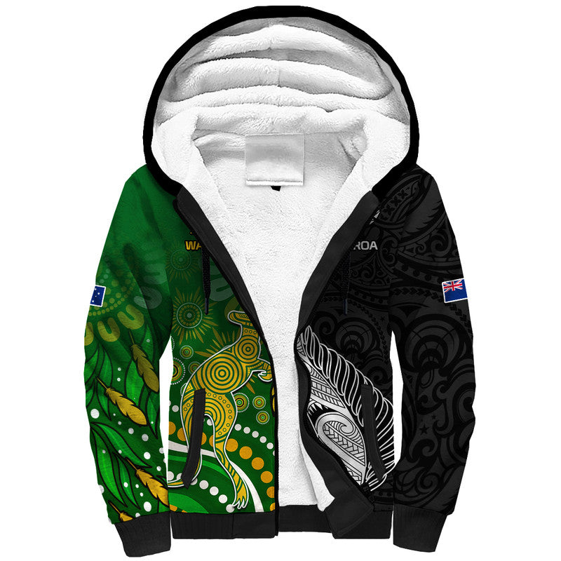 Aotearoa Rugby All Black Combine Australia Wallabies Sherpa Hoodie Aboriginal Kangaroo And Maori Fern