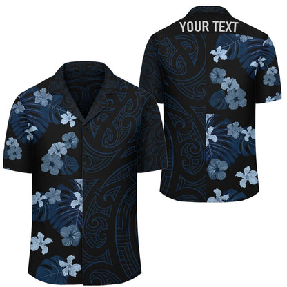 Personalized Hibiscus Flowers Polynesian - Hawaiian Shirt - Indigo - Curtis Style