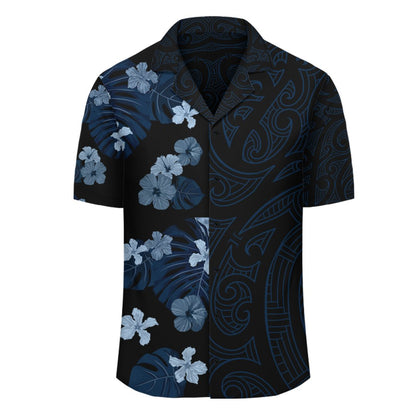 Personalized Hibiscus Flowers Polynesian - Hawaiian Shirt - Indigo - Curtis Style