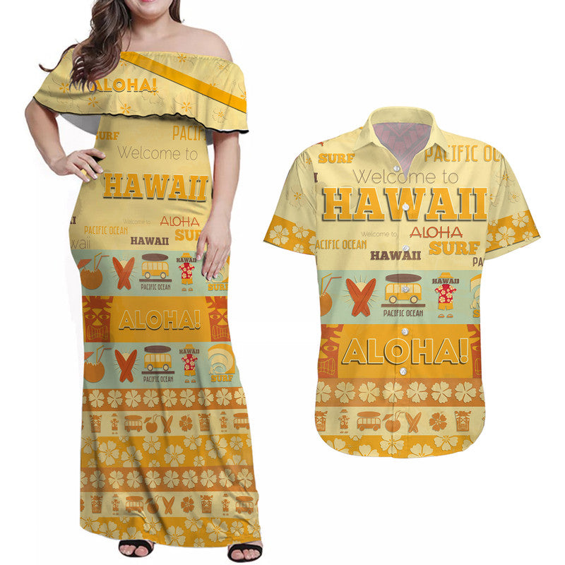 Hawaiian Matching Outfits For Couples Hawaii Surf Retro Style Combo Dress and Hawaii Surf Retro Stylean Shirt