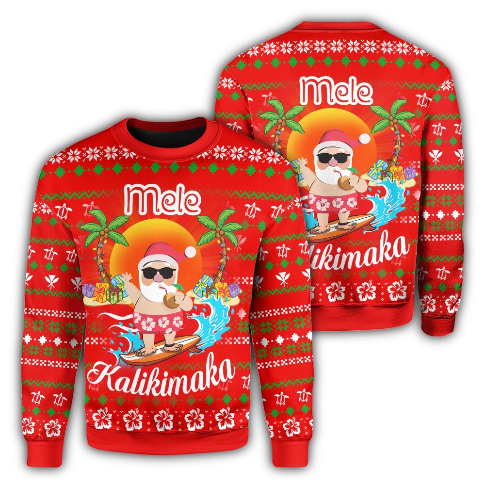 Hawaiian Santa Claus Mele Kalikimaka Christmas Sweatshirt Red Aviv Style AH
