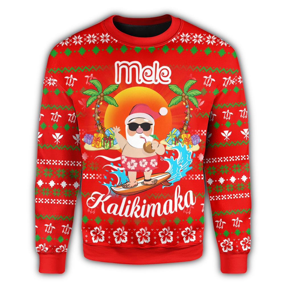 Hawaiian Santa Claus Mele Kalikimaka Christmas Sweatshirt Red Aviv Style AH