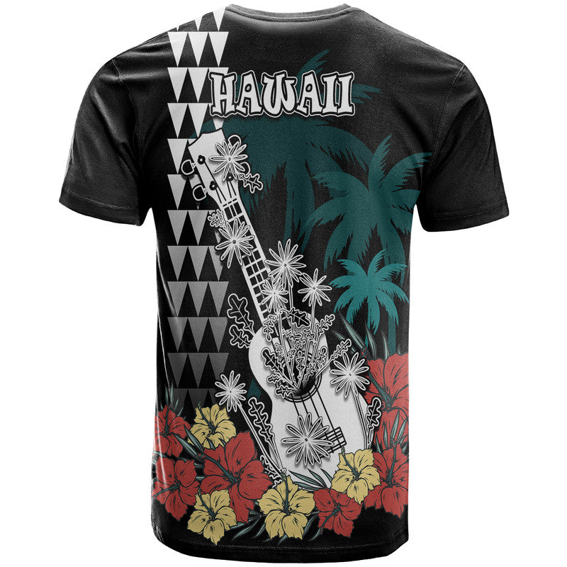 Hawaii Ukulele Mix Hibiscus And Coconut Tree T Shirt Aloha Vintage Black Version