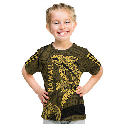 Hawaii T Shirt Shark and Turtle Mix Kakau Gold