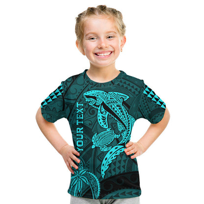 (Custom Personalised) Hawaii T Shirt Shark and Turtle Mix Kakau Turquoise