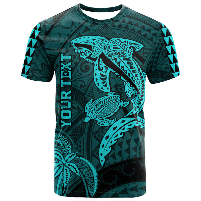 (Custom Personalised) Hawaii T Shirt Shark and Turtle Mix Kakau Turquoise