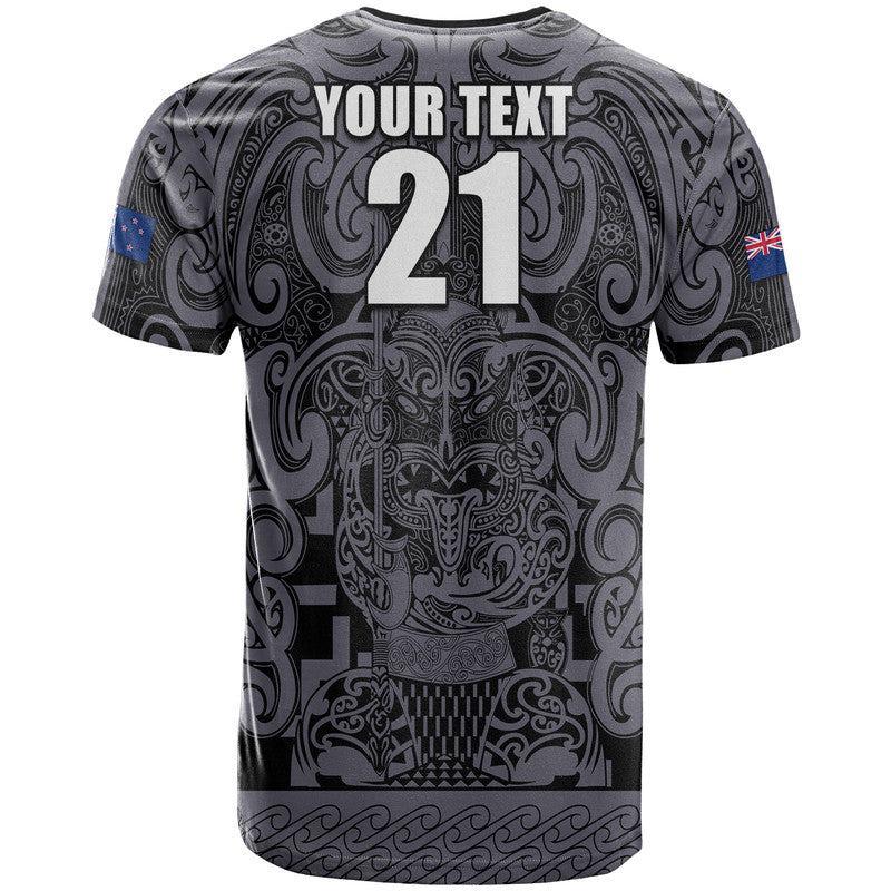 Custom Text And Number New Zealand Taiaha Maori T Shirt Minimalist Silver Fern All Black