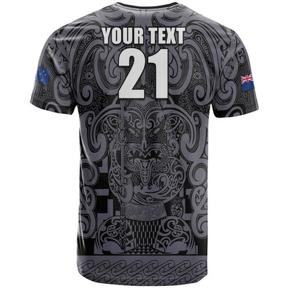 Custom Text And Number New Zealand Taiaha Maori T Shirt Minimalist Silver Fern All Black
