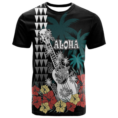 (Custom Personalised) Hawaii Ukulele Mix Hibiscus and Coconut Tree T Shirt Aloha Vintage Black Version