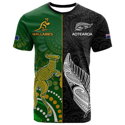 Aotearoa Rugby All Black Combine Australia Wallabies T Shirt Aboriginal Kangaroo And Maori Fern