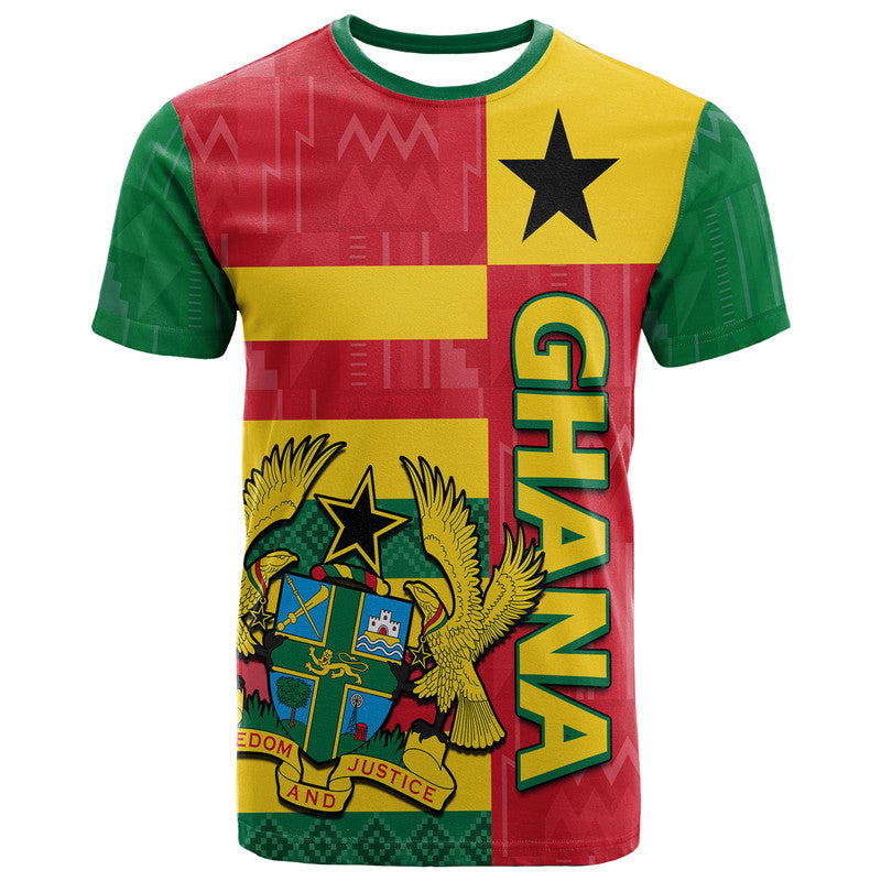 Custom Ghana Football Flag Color Mixed Kente Pattern T Shirt