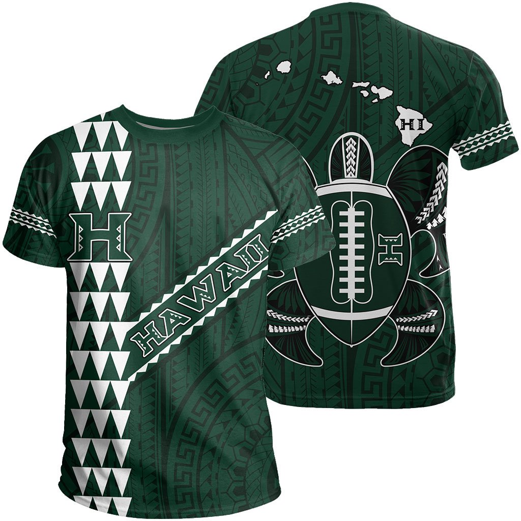 Hawaii Kakau Warrior Polynesian Turtle American Football T - Shirt - Green