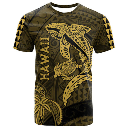 Hawaii T Shirt Shark and Turtle Mix Kakau Gold
