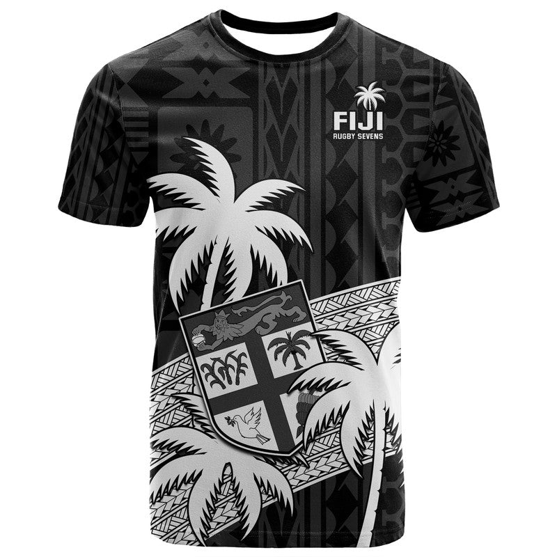  Text And Number Fiji Rugby Sevens T Shirt Tapa Palm Tree and Fijian Coat of Arms