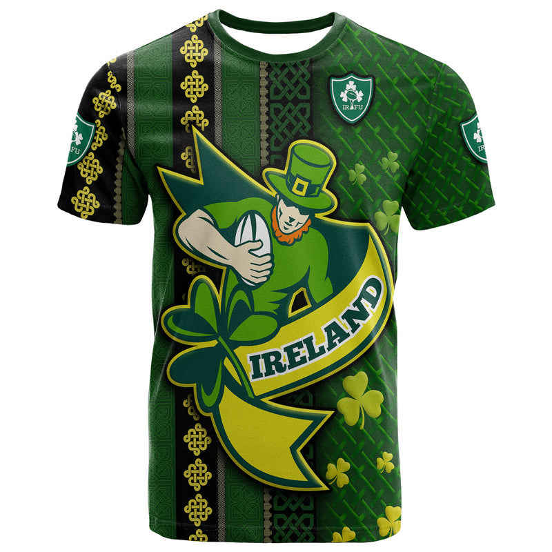 Ireland Celtic Knot Rugby T Shirt Irish Gold and Green Pattern
