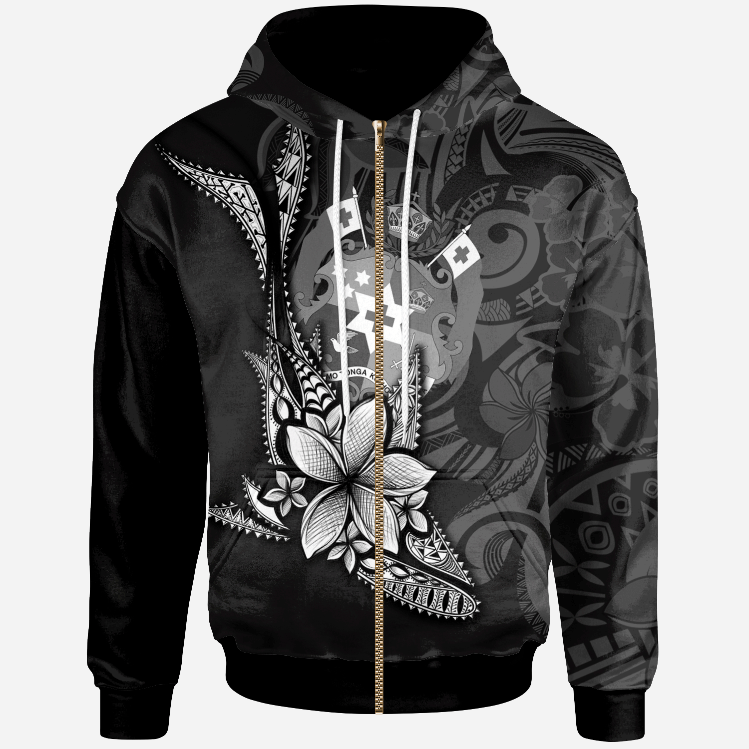 Tonga Zip Hoodie Fish With Plumeria Flowers Style Black Hoodie
