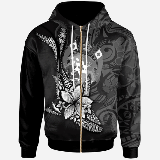 Tonga Zip Hoodie Fish With Plumeria Flowers Style Black Hoodie