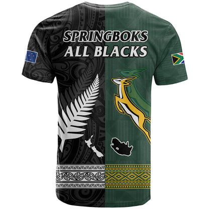 South Africa Protea and New Zealand Fern T Shirt Rugby Go Springboks vs All Black Ver.02
