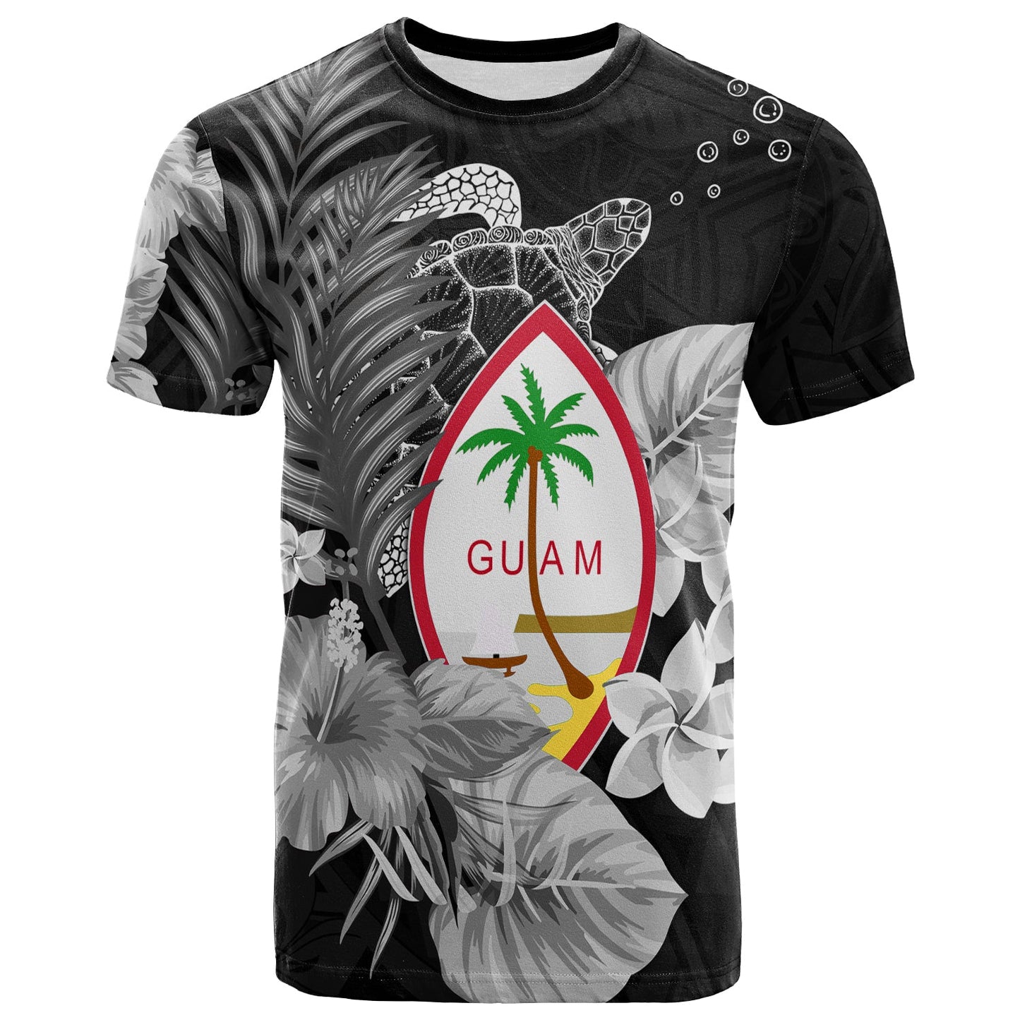 Guam Seal T Shirt Polynesian Turtle with Flowers Version White