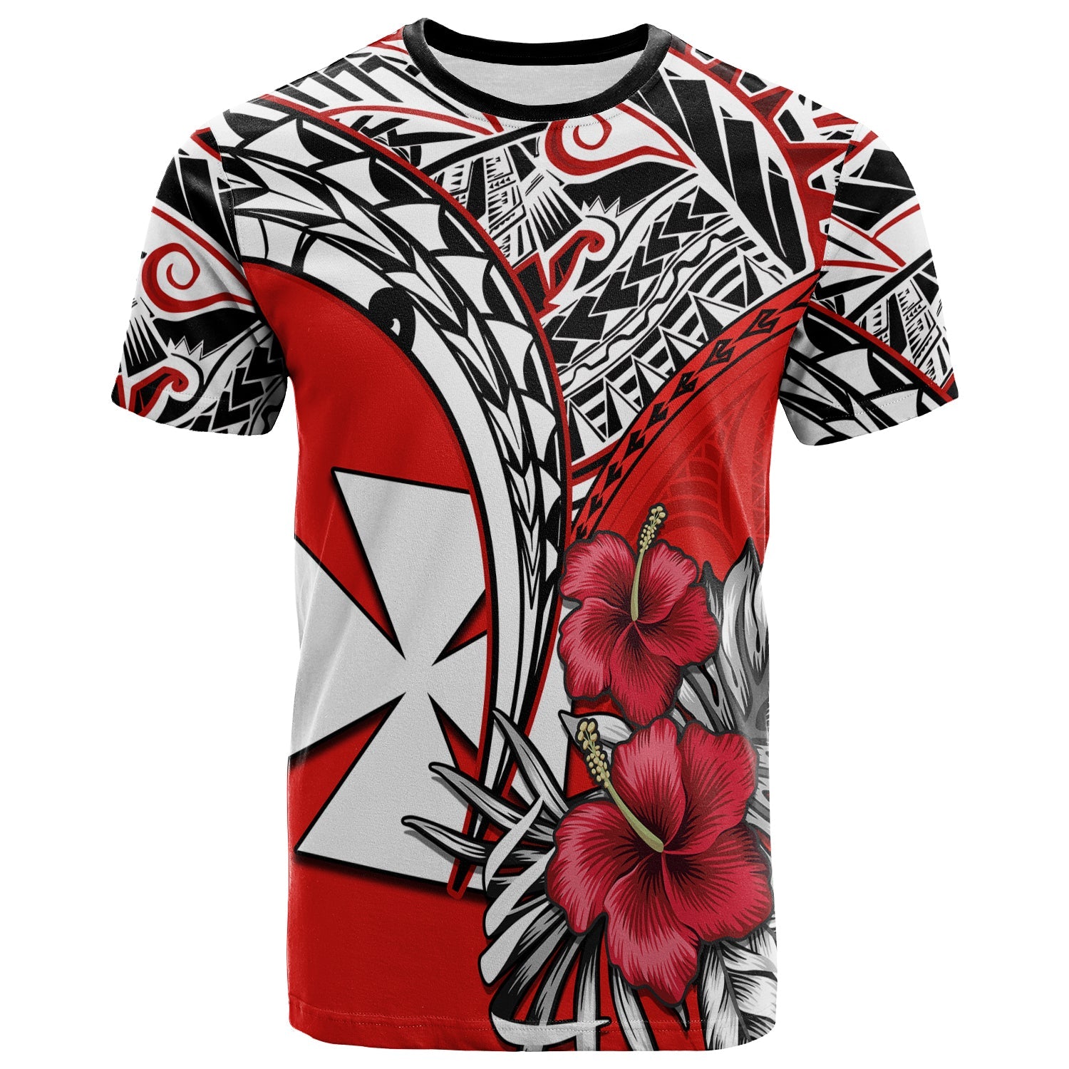 Wallis et Futuna T Shirt Polynesian Pattern and Hibiscus Flowers Version Red