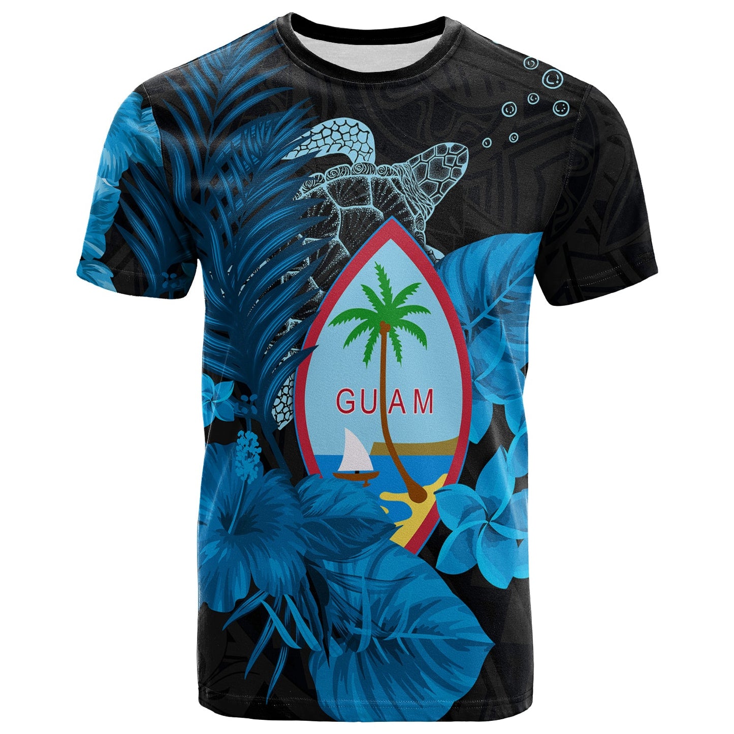 Guam Seal T Shirt Polynesian Turtle with Flowers Version Blue