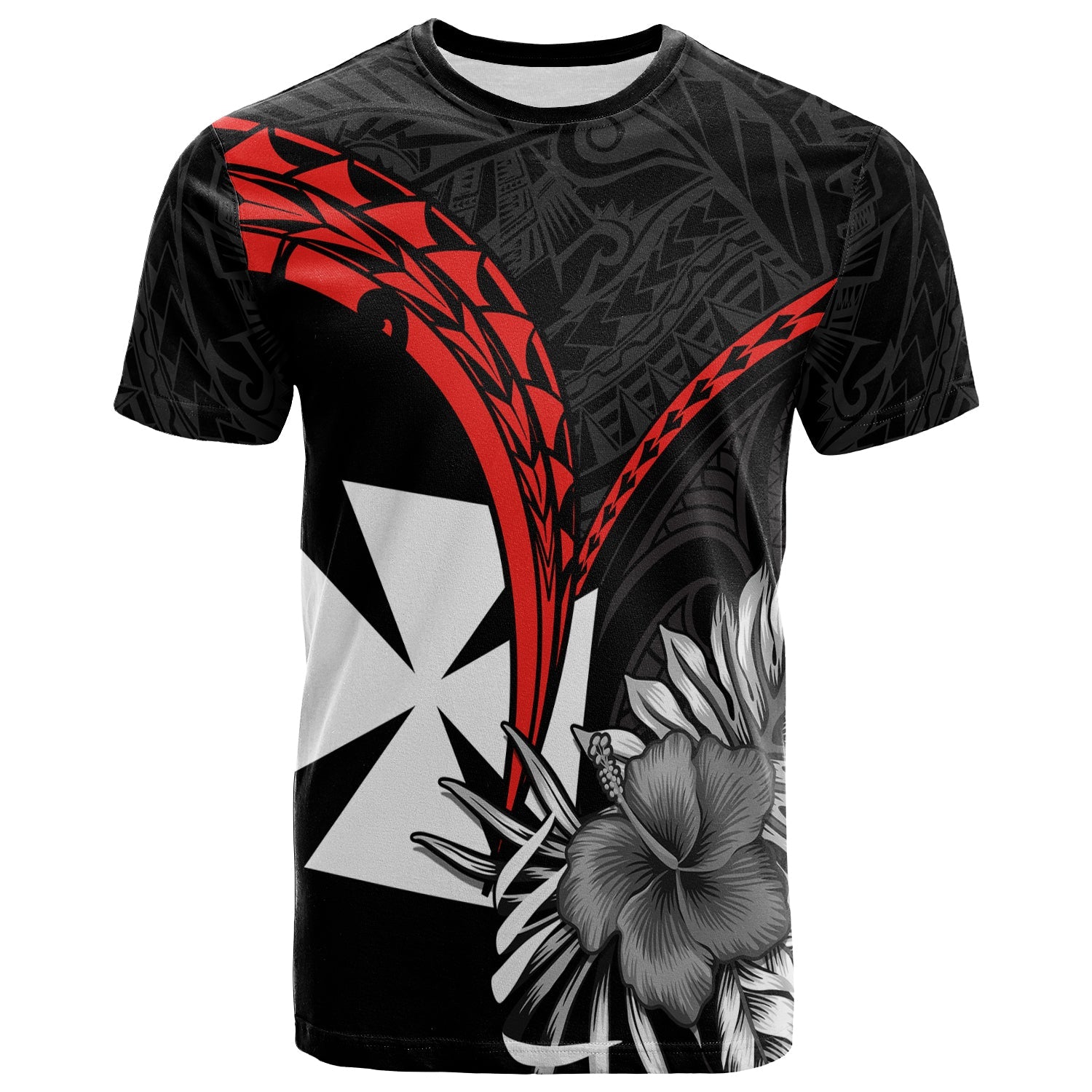 Wallis et Futuna T Shirt Polynesian Pattern and Hibiscus Flowers Version Black