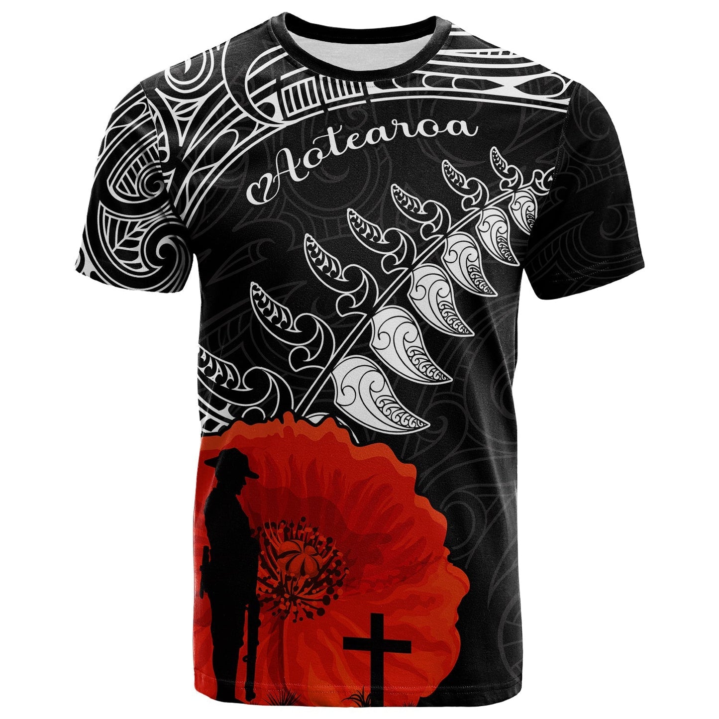 New Zealand Anzac 2022 T Shirt Maori Mix Fern Poppy