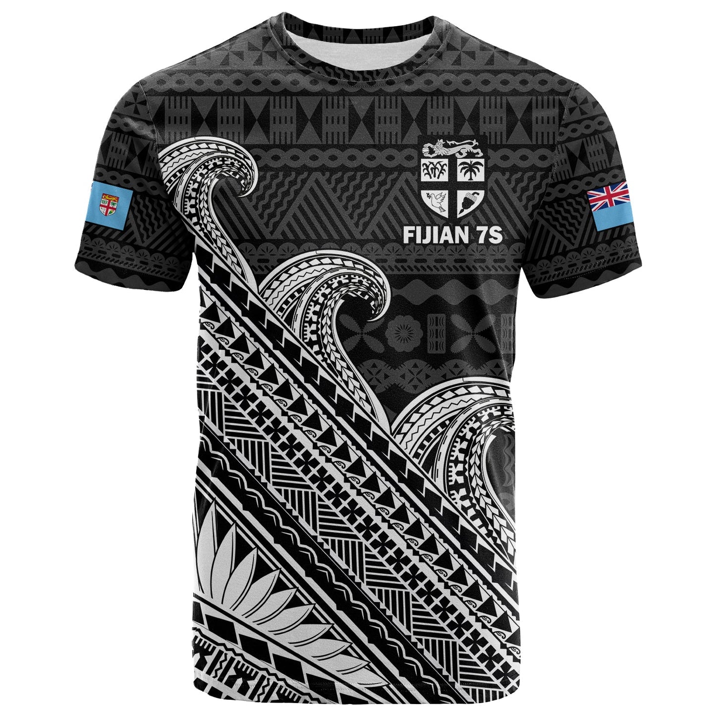 (Custom Text And Number) Fiji Sevens Rugby Fijian 7s Black Tapa Polynesian Art T Shirt