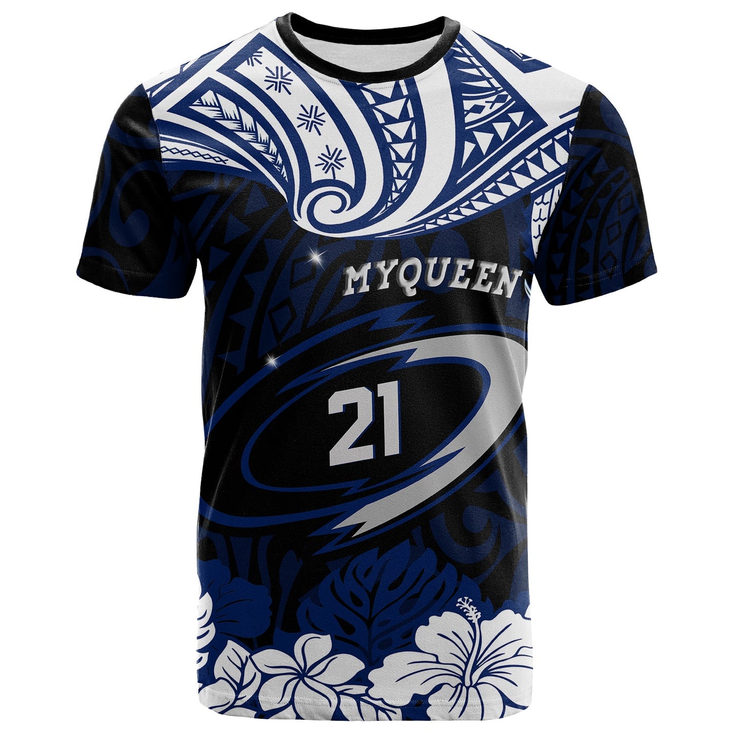 (My Queen 21) Hawaii Custom T Shirt Hibicus Flowers and Polynesian Pattern Blue RLT14
