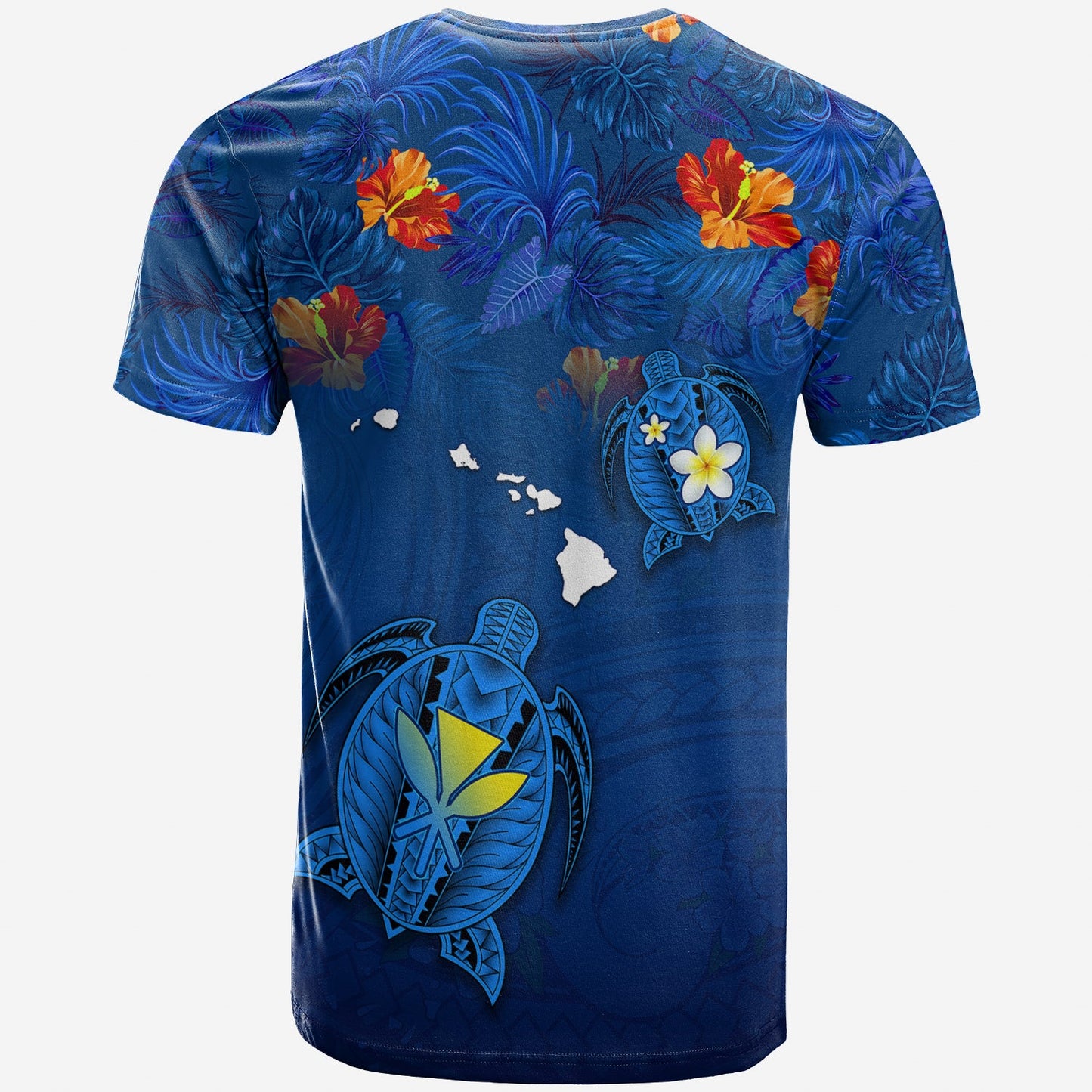 (Custom Personalised) Hawaiian Islands T Shirt Hawaii Tropical Flowers and Turtles Blue