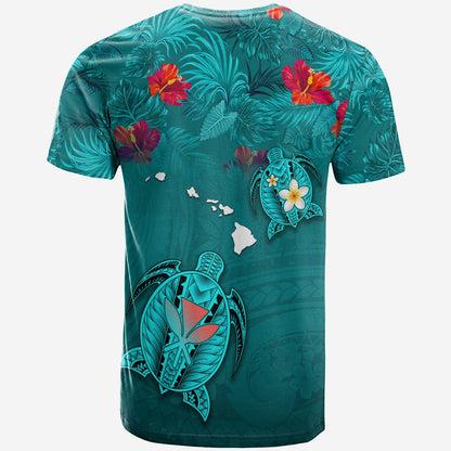 (Custom Personalised) Hawaiian Islands T Shirt Hawaii Tropical Flowers and Turtles Turquoise