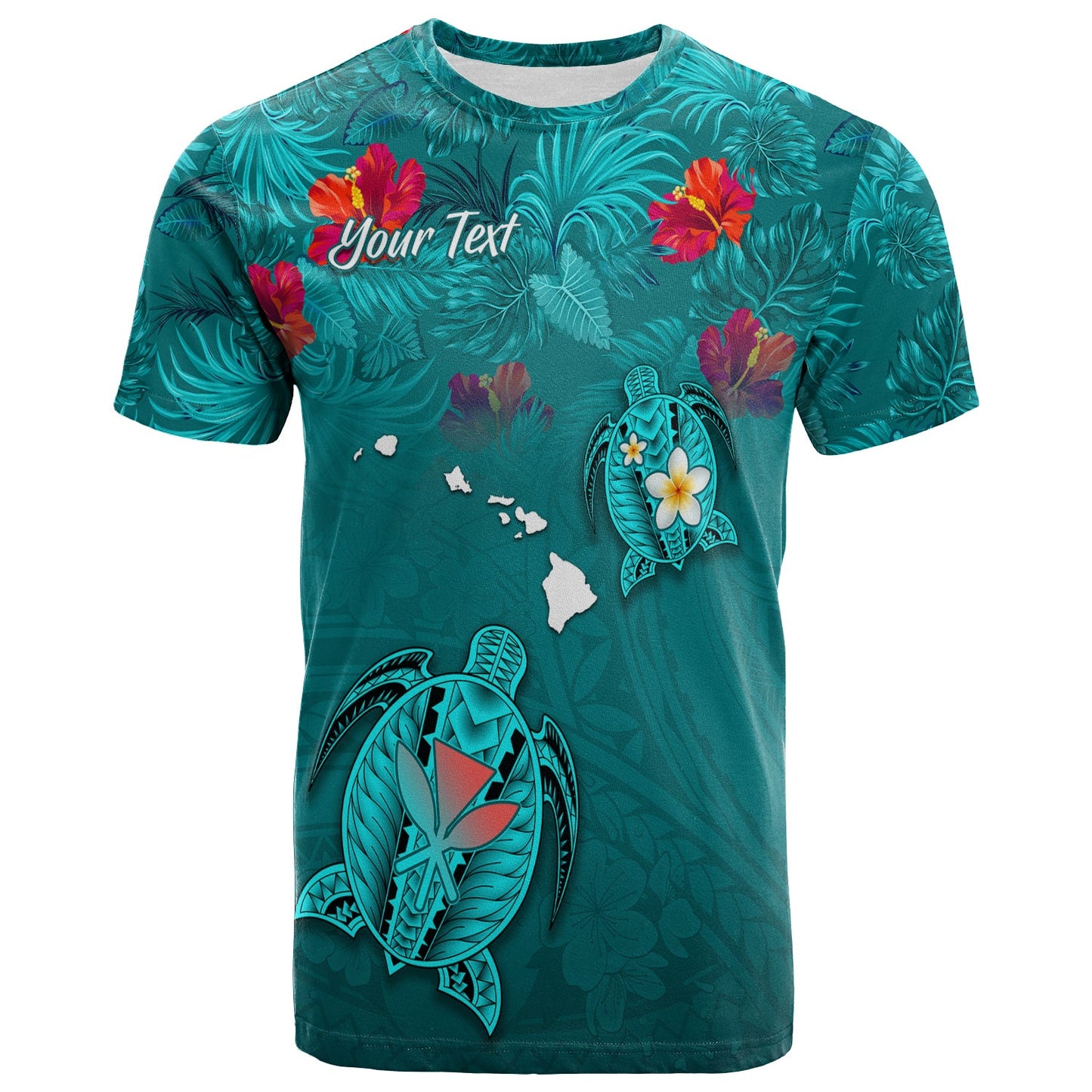(Custom Personalised) Hawaiian Islands T Shirt Hawaii Tropical Flowers and Turtles Turquoise