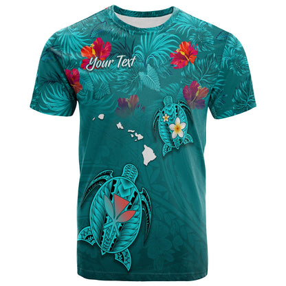 (Custom Personalised) Hawaiian Islands T Shirt Hawaii Tropical Flowers and Turtles Turquoise