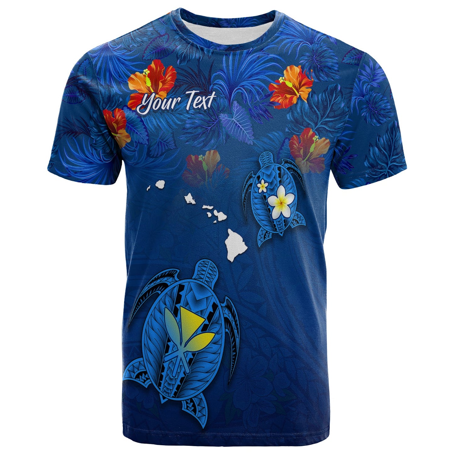 (Custom Personalised) Hawaiian Islands T Shirt Hawaii Tropical Flowers and Turtles Blue