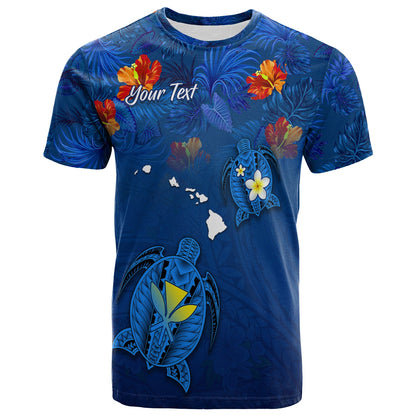 (Custom Personalised) Hawaiian Islands T Shirt Hawaii Tropical Flowers and Turtles Blue