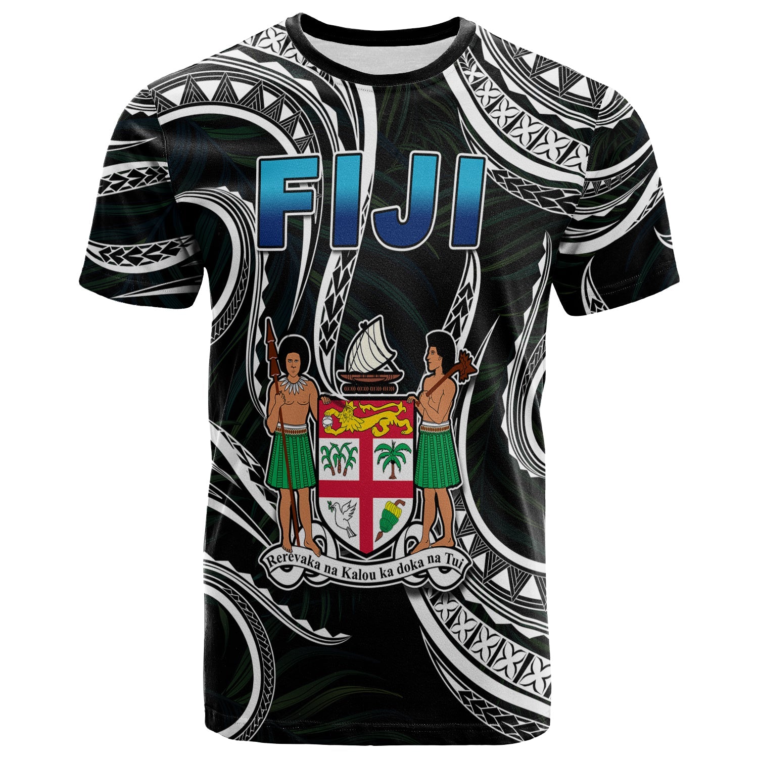 Fiji Coat of Arms T Shirt Polynesian mix Coconut Pattern
