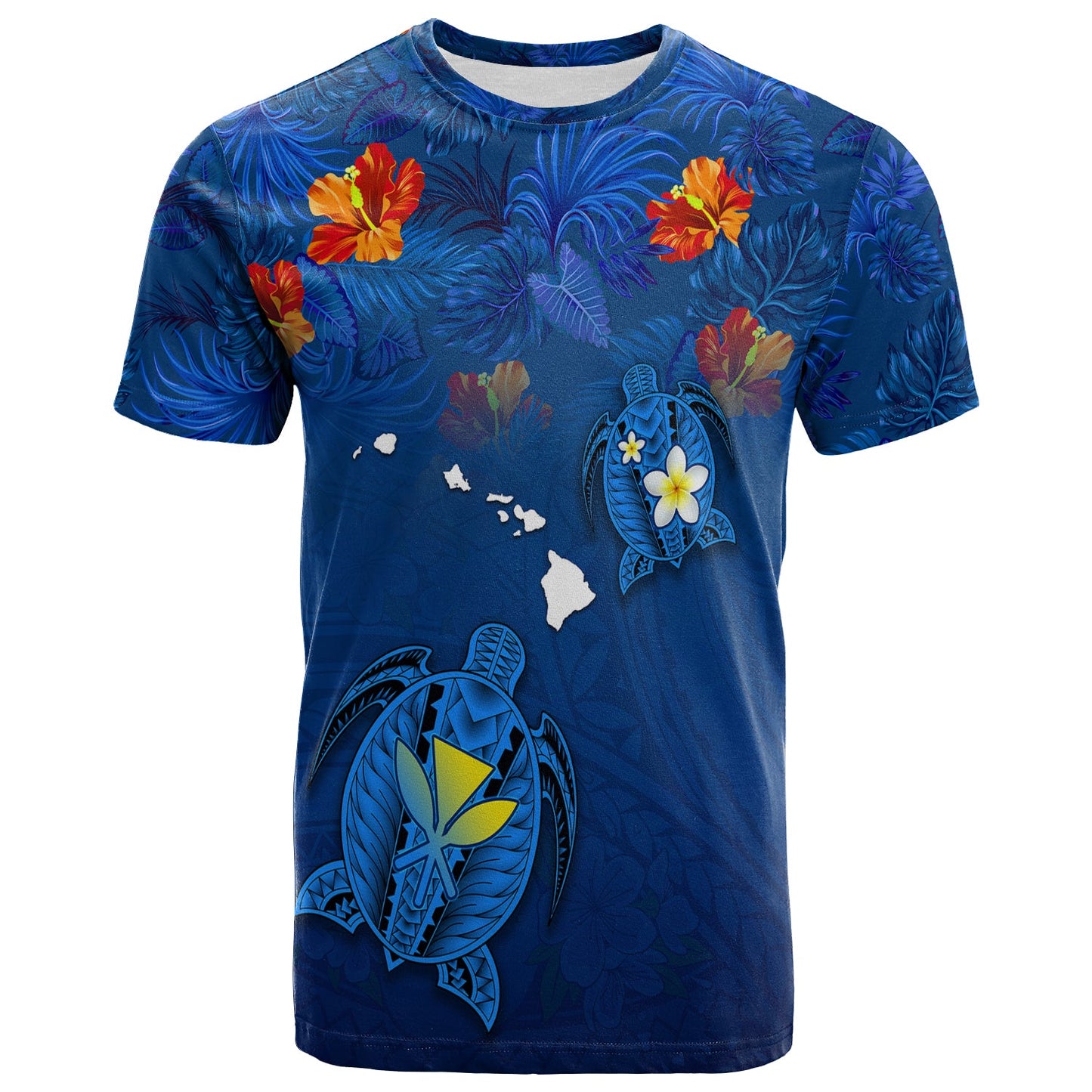 Hawaiian Islands T Shirt Hawaii Tropical Flowers and Turtles Blue