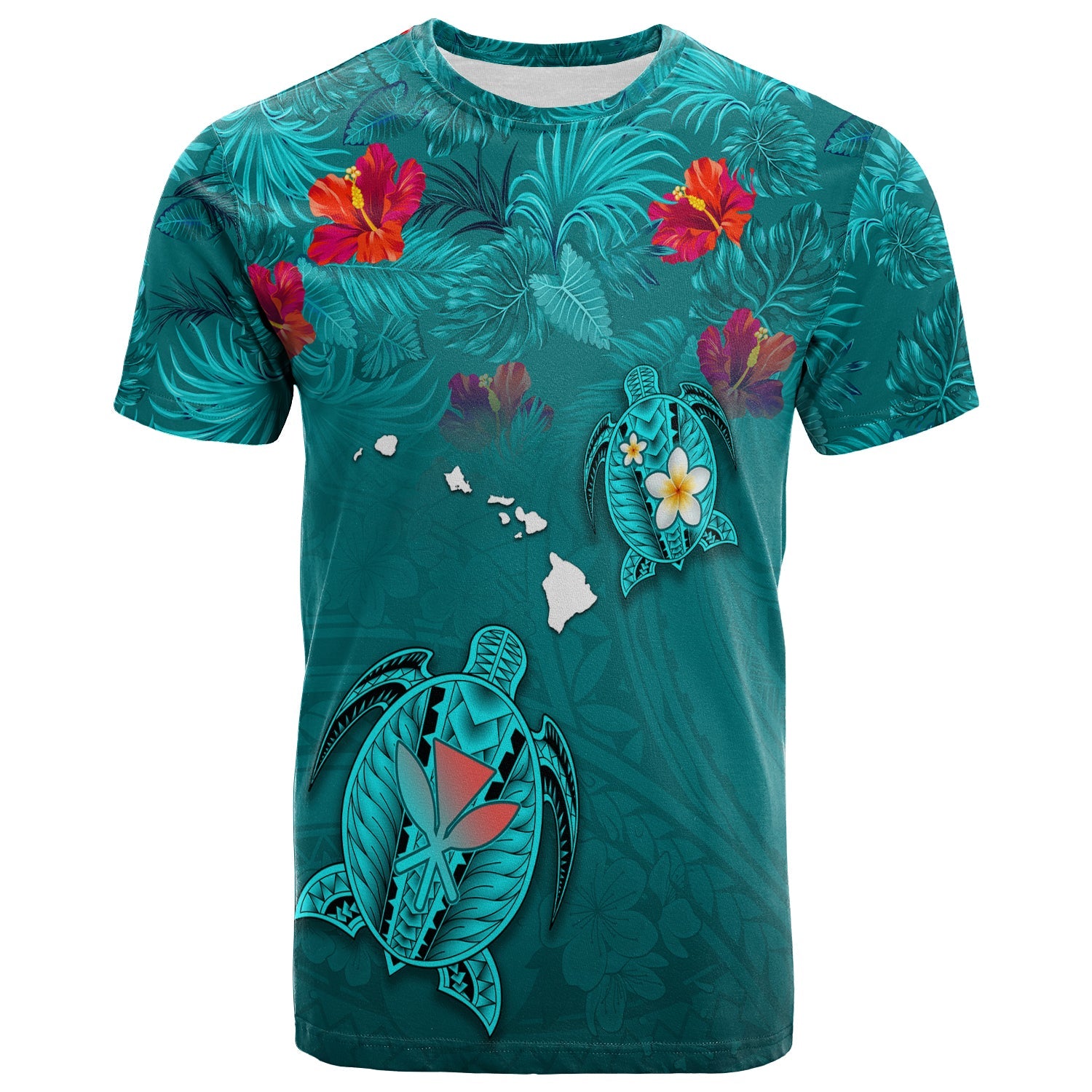 Hawaiian Islands T Shirt Hawaii Tropical Flowers and Turtles Turquoise