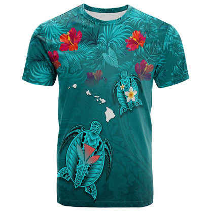 Hawaiian Islands T Shirt Hawaii Tropical Flowers and Turtles Turquoise