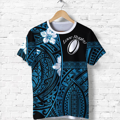(Custom Personalised) Polynesian Rugby T Shirt Love Blue Custom Text and Number