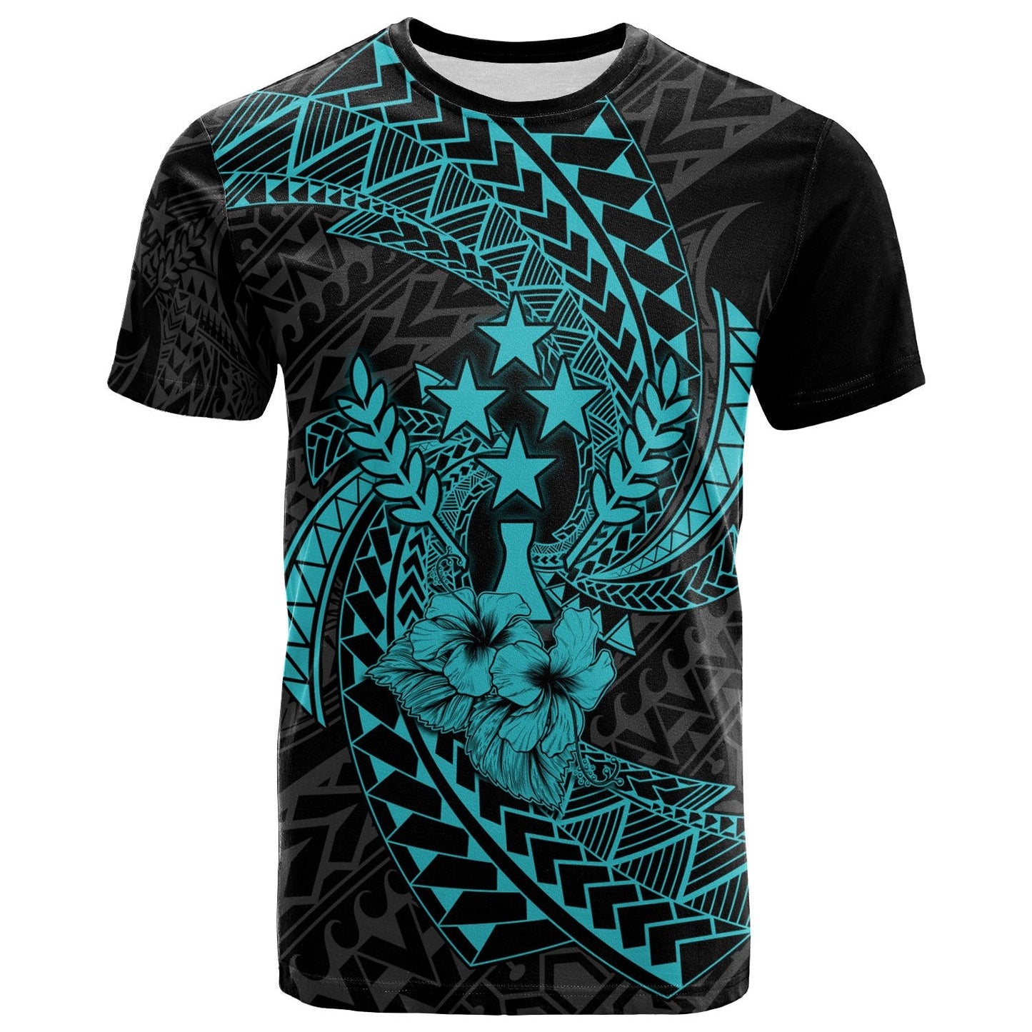 Chuuk Micronesian T - Shirt Turquoise - Spiral Pattern Hibiscus