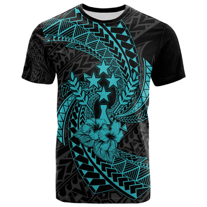 Chuuk Micronesian T - Shirt Turquoise - Spiral Pattern Hibiscus