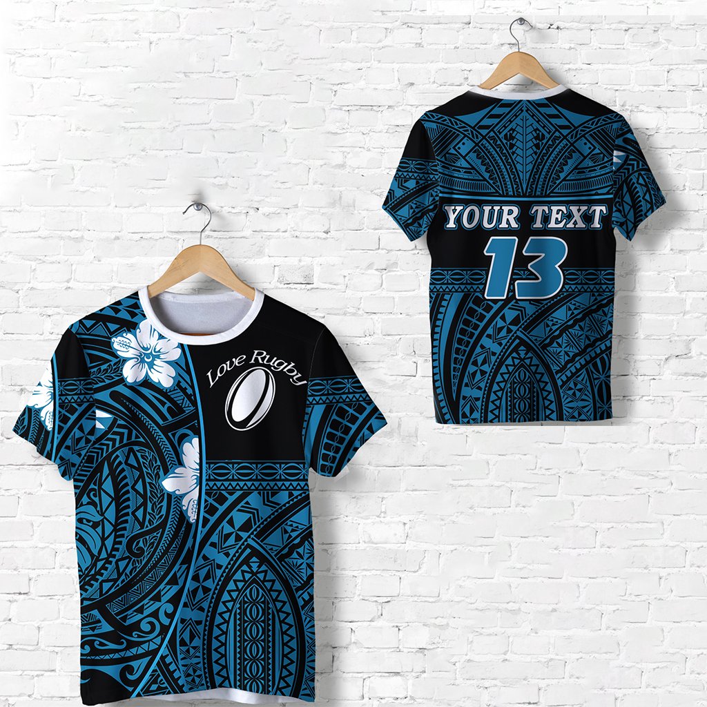 (Custom Personalised) Polynesian Rugby T Shirt Love Blue Custom Text and Number