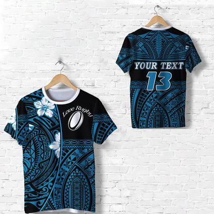 (Custom Personalised) Polynesian Rugby T Shirt Love Blue Custom Text and Number