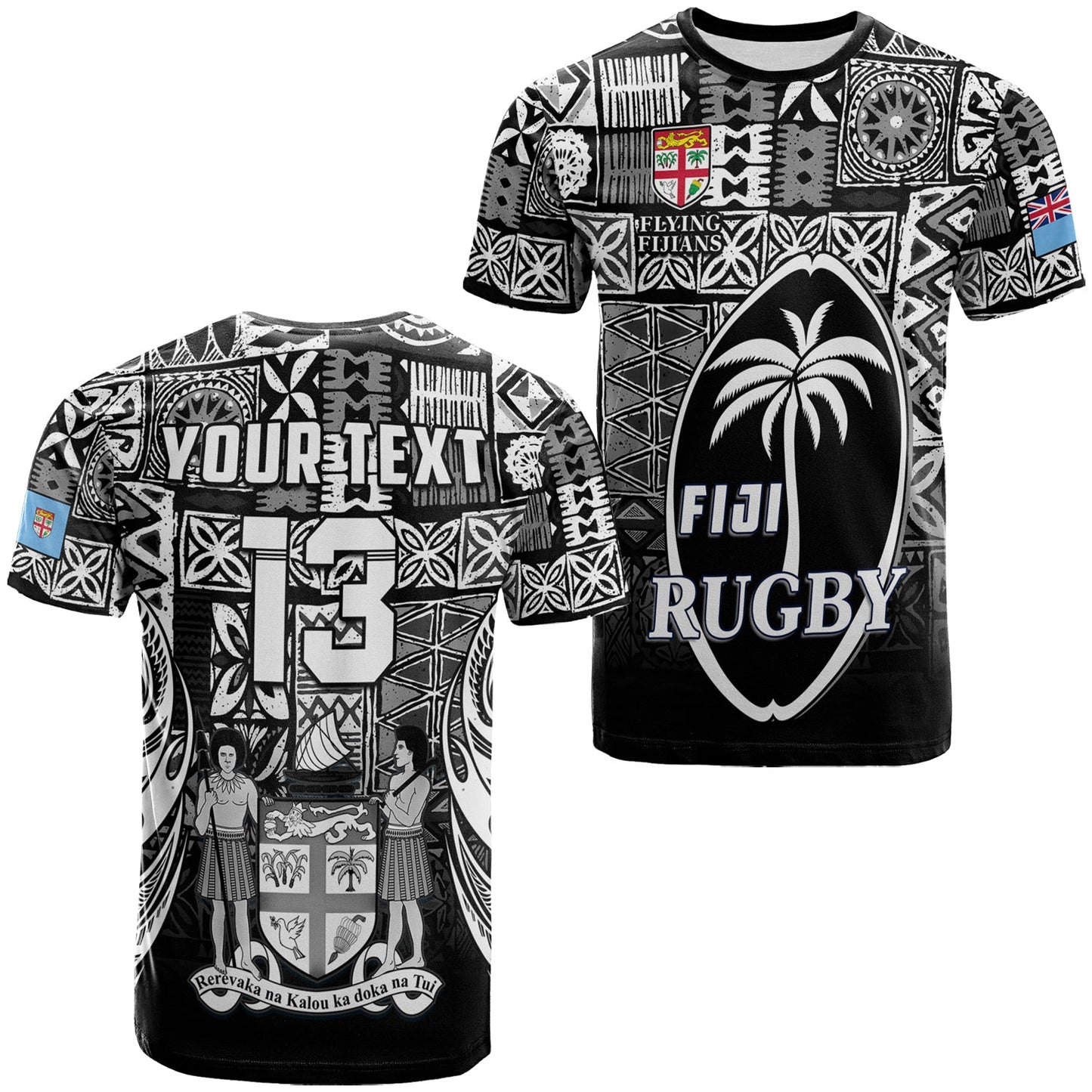 (Custom Text and Number) Fiji Rugby T Shirt Flying Fijians Black Tapa Pattern