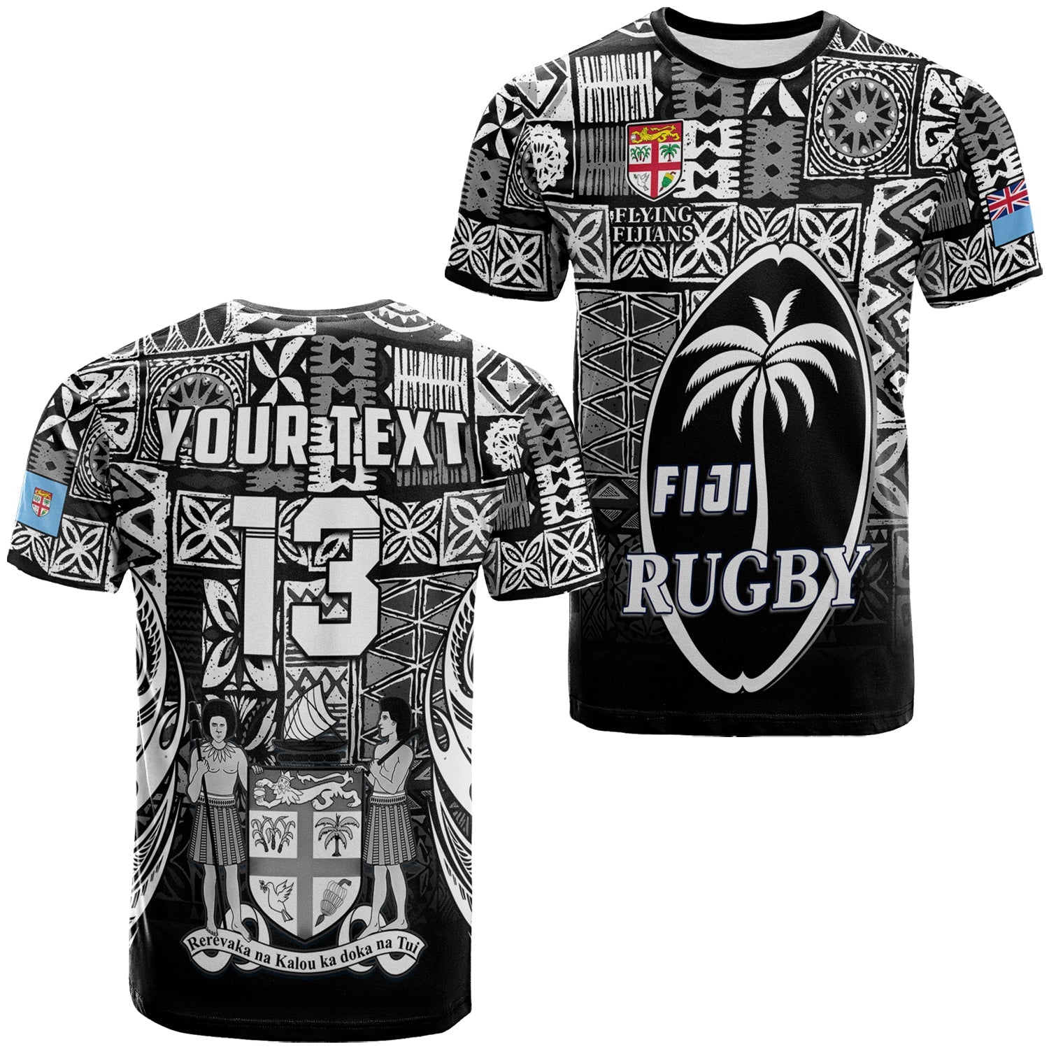 (Custom Text and Number) Fiji Rugby T Shirt Flying Fijians Black Tapa Pattern